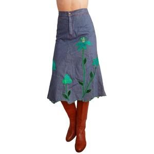 Vintage 70s denim midi skirt with green floral applique